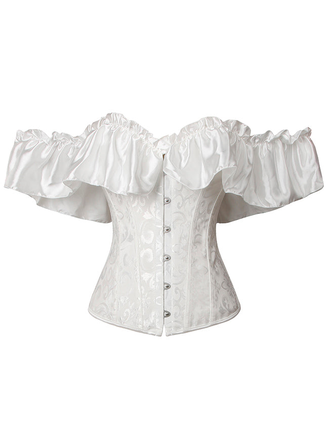 Women Vintage Victorian Floral Satin Ruffle Sleeves Off-shoulder Lace Up Overbust Corset