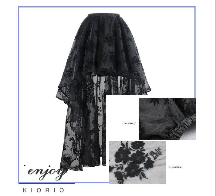 Gothic High Low Velvet Foral Skirt 2018-KIORIO