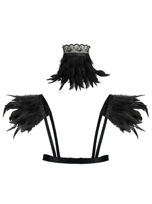 Gothic Accessory Black Feather Collar Choker and Shoulder Pads Wrap Set