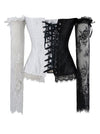 Off-Shoulder Burlesque Overbust Corset with Long Floral Lace Sleeve Black/White