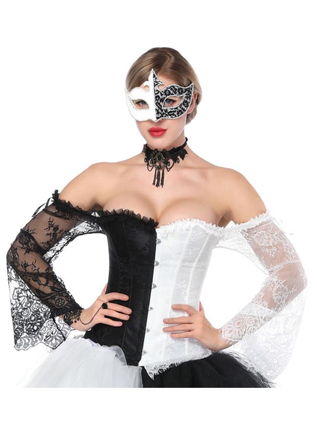 Off-Shoulder Burlesque Overbust Corset with Long Floral Lace Sleeve Black/White