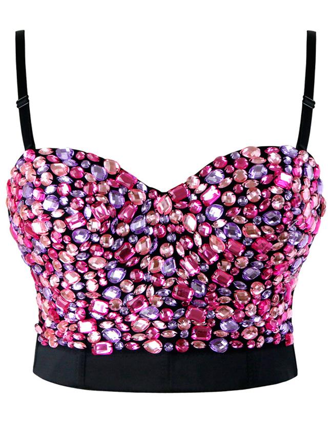 Sweets Pink Studded Rhinestone Push Up B Cup Bustier Bra Party Bustier Crop Top