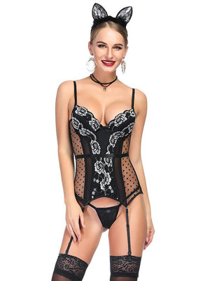 Sheer Mesh Floral Lace Spaghetti Straps Plastic Bone Chemise Bustier Corset