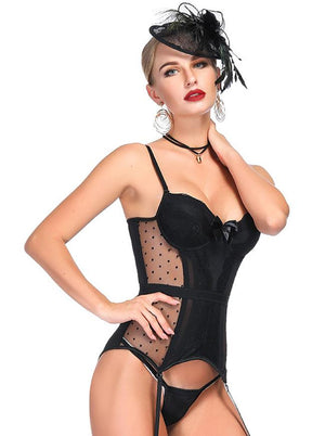 Black Sheer Mesh Floral Lace Spaghetti Straps Plastic Bone Chemise Bustier Corset