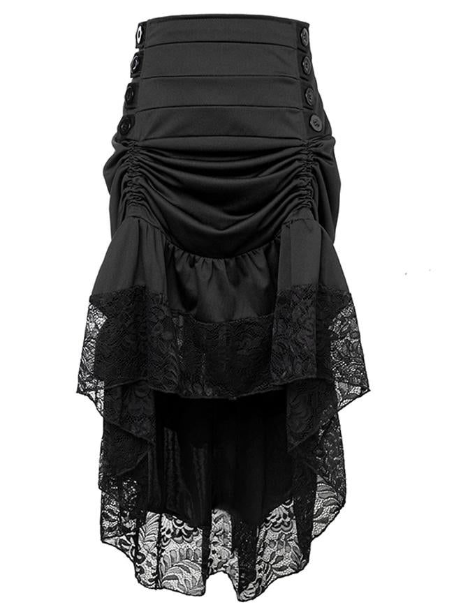 Gothic Victorian Black High Waist Lace Trim Elasticity Ruffled High-low Skirt