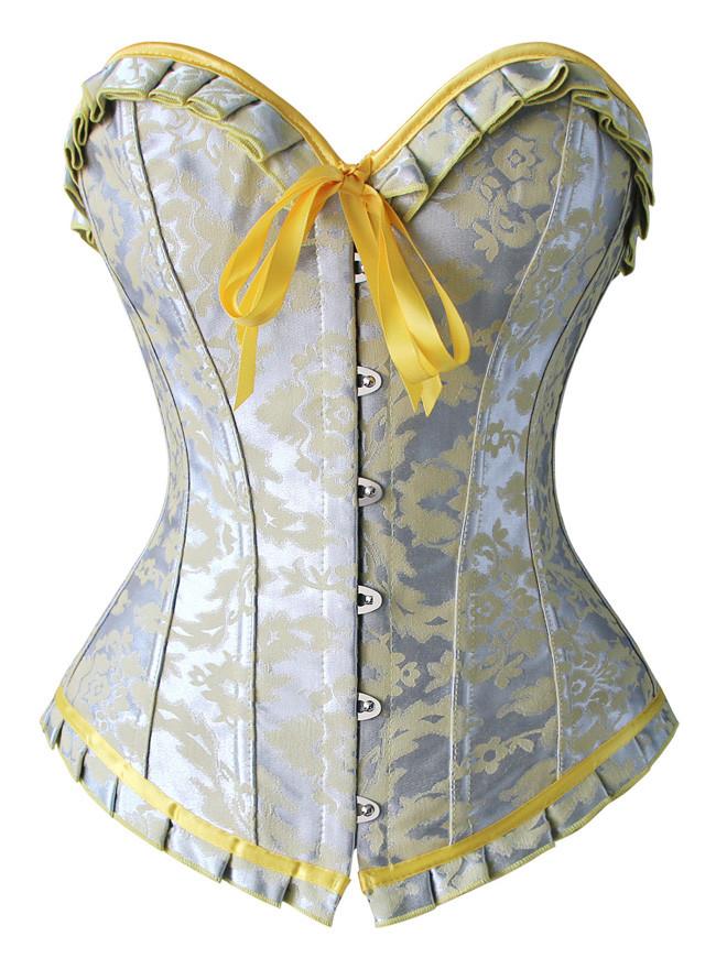 Vintage Satin Brocade Bust Ruffles Silver Overbust Corset Top for Women