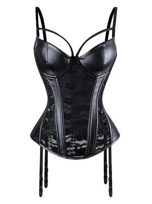 Steampunk Gothic Black Lace Corset Bustier Faux Leather Plus Size Bra Lingerie