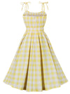 Women 1950s Vintage Rockabilly Spaghetti Strap Bowknot High Waist A Line Plaid Dress Yellow