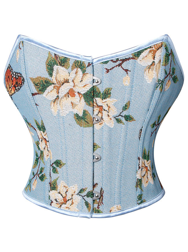 Women Fashion Vintage Strapless Floral Printed Short Overbust Corset Crop Top Blue