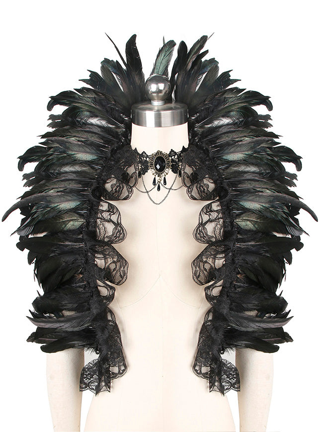 Halloween Shrug Gothic Natural Feather Shawl Cape Crow Costume Accessory with Necklace