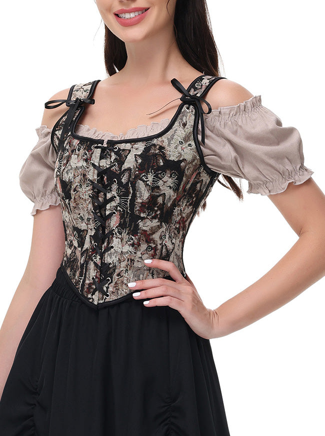 Renaissance Lace Up Corset Women's Fashion Vintage Cat Pattern Short Style Corset Top