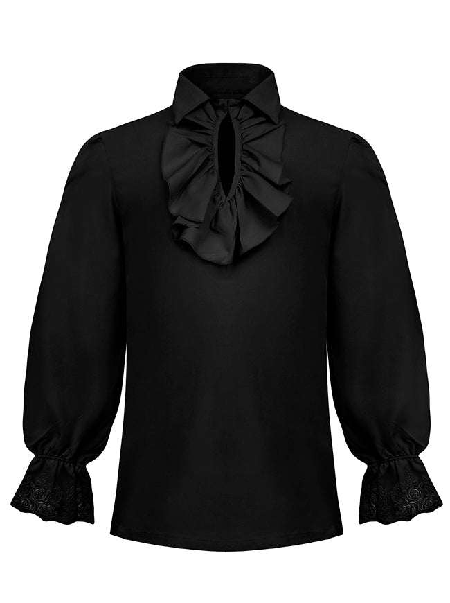 Mens Pirate Shirt Black Medieval Long Sleeve Ruffle Cuff Blouse Top Halloween Costume Top