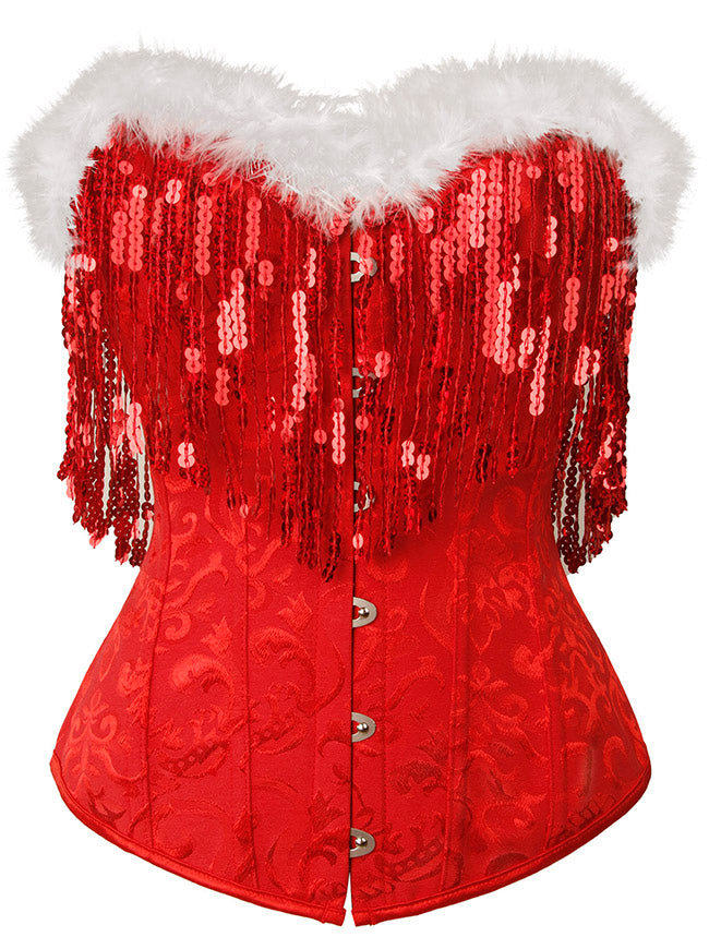 Christmas Corset Women Sequin Fringe Decorative Satin Overbust Corset Red Party Corset Main Image