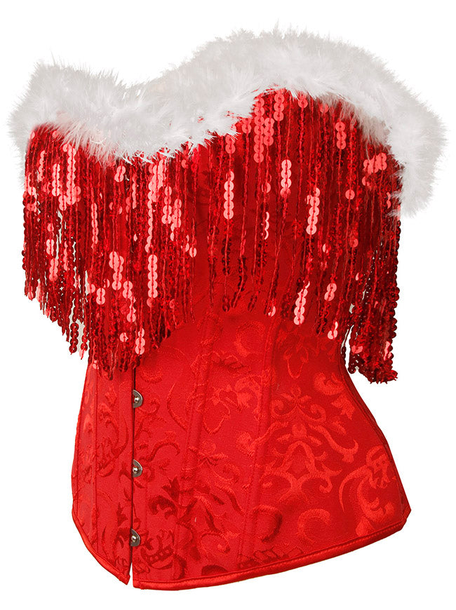 Christmas Corset Women Sequin Fringe Decorative Satin Overbust Corset Red Party Corset