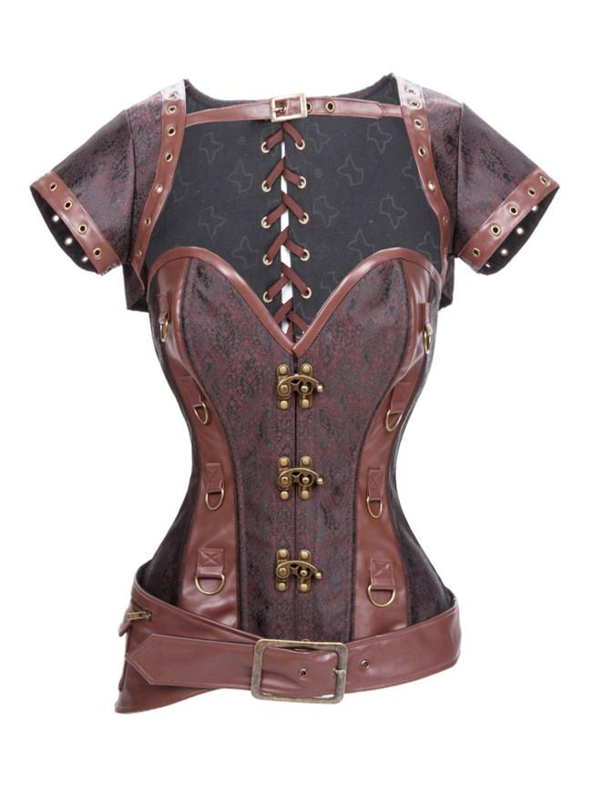 Steampunk Plus Size Steel Boned Leather Overbust Corset with Jacket