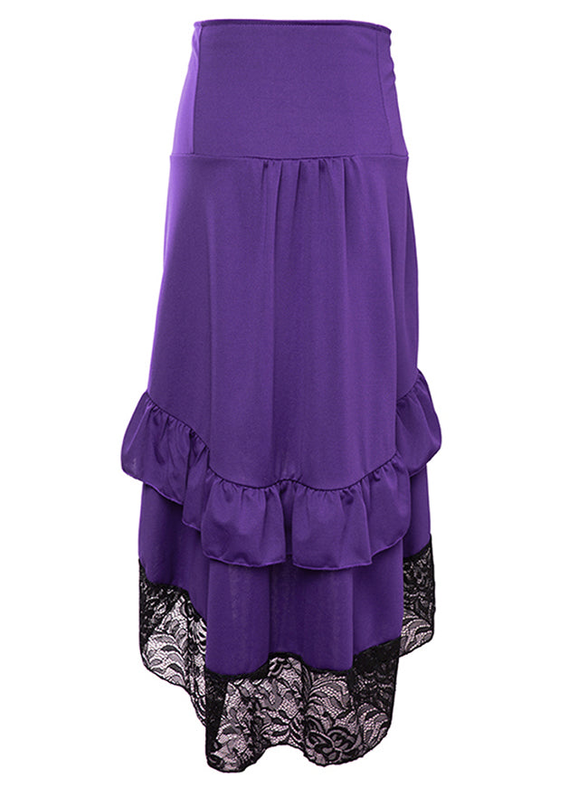 Womens Punk Victorian Gothic High Waist Lace Trim Ruffled High Low Bustle Skirt Purple