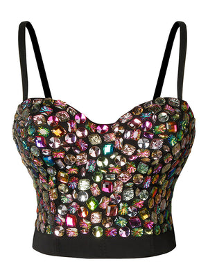 Rhinestone Bustier Crop Top Bra Women's Spaghetti Straps Colorful Studded Clubwear Top