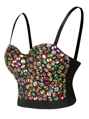 Rhinestone Bustier Crop Top Bra Women's Spaghetti Straps Colorful Studded Clubwear Top