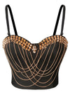 Bra Corset Top With Chain Women Punk Studs Rivets Spaghetti Strap Skull Bustier Crop Top