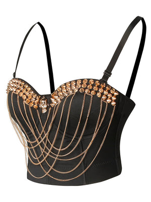 Bra Corset Top With Chain Women Punk Studs Rivets Spaghetti Strap Skull Bustier Crop Top