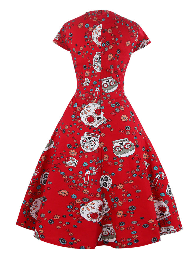 Women's Classical Cap Sleeves Floral Skull Print Midi Dress for Halloween