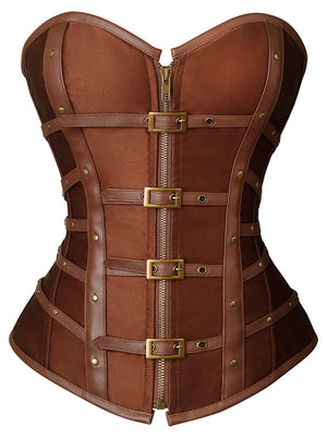 Steampunk Gothic Corset Women Punk Satin Boned Zipper Overbust Corset Top with Buckles