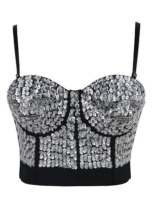 Women's Silver Beaded Sequins Crop Top Push Up Bustier Bra