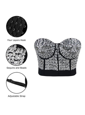 Women's Silver Beaded Sequins Crop Top Push Up Bustier Bra