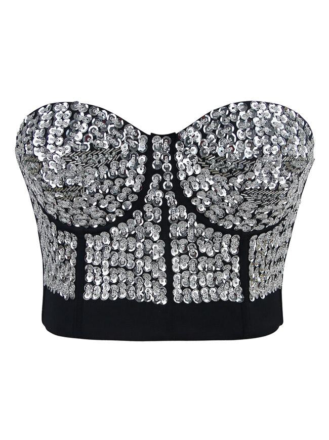 Silver Beaded Sequins Push Up Crop Top Bustier Bra