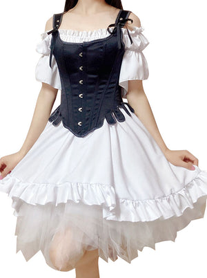 2pc Renaissance Black Corset Vest with White Off Shoulder High Low Dress