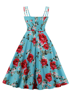 Rose Floral Print Spaghetti Straps High Waist Cotton Swing Dress