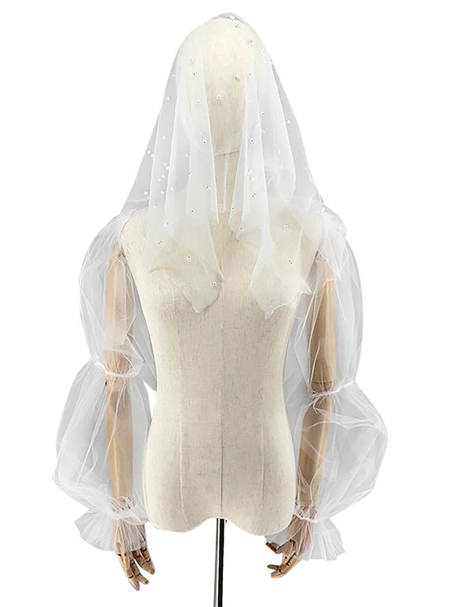 Women's Elegant Pearl Beaded Tulle Bridal Chapel Veil with Long Gloves 2-piece Set