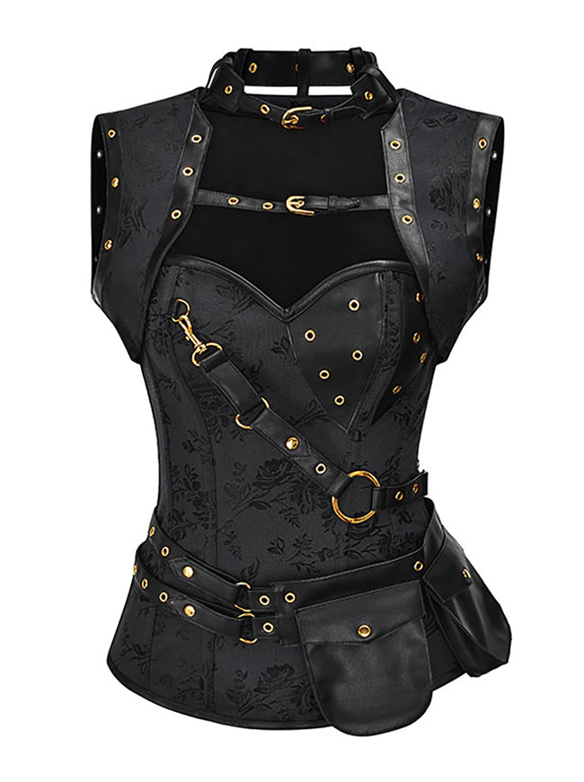 Steampunk Brocade Steel Boned Overbust Corset Top with Pocket and Jacket