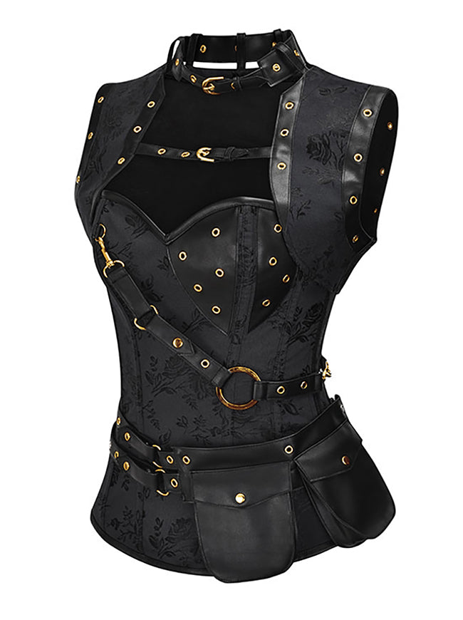 Steampunk Brocade Steel Boned Overbust Corset Top with Pocket and Jacket