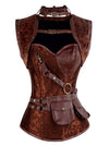 Steampunk High Neck Steel Boned Brown Brocade Outerwear Corset with Jacket Main Image