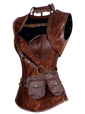 Steampunk High Neck Steel Boned Brocade Outerwear Corset with Jacket