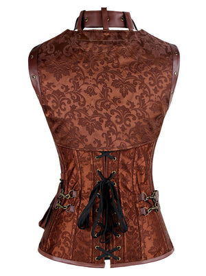 Steampunk High Neck Steel Boned Brocade Outerwear Corset with Jacket