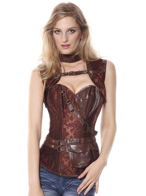 Steampunk High Neck Steel Boned Brocade Outerwear Corset with Jacket