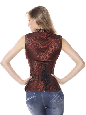 Steampunk High Neck Steel Boned Brocade Outerwear Corset with Jacket