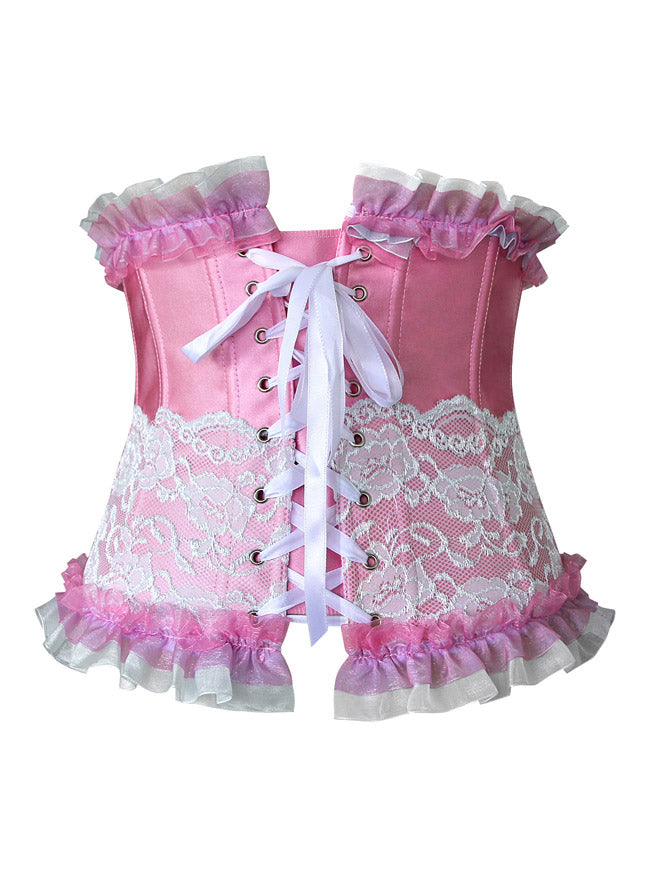 Fashion Pink Artificial Silk Lace Ruffles Underbust Corset