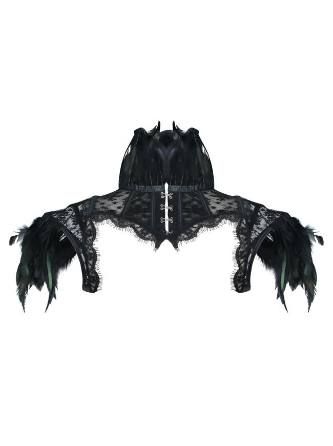 Victorian Gothic Black Feather High Neck Cape Sheer Floral Mesh Corset Shrug