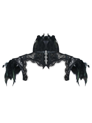 Victorian Gothic Black Feather High Neck Cape Sheer Floral Mesh Corset Shrug