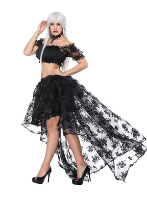 Women's Sexy Off Shoulder Ruffled Crop Top with High Waist Elastic High Low Black Skirt Sets