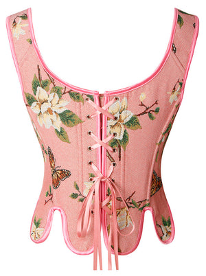 Women's Summer Vintage Floral Embroidery Jacquard Sleeveless Overbust Corset Crop Top