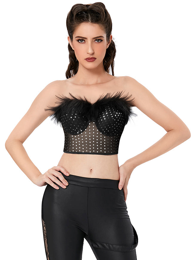 Bra Top Women Sexy Strapless Feather Sequin Decorated Mesh Push Up Short Bustier Crop Top