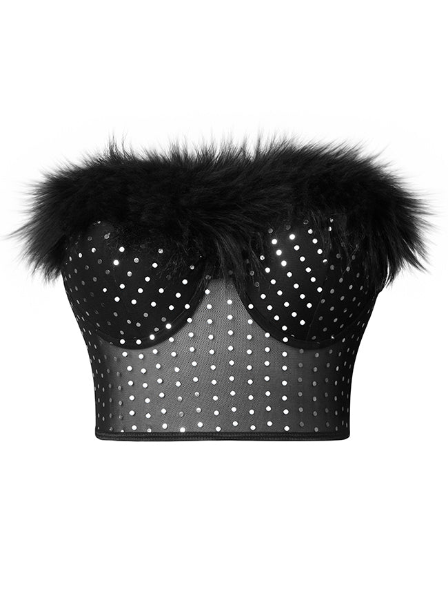 Bra Top Women Sexy Strapless Feather Sequin Decorated Mesh Push Up Short Bustier Crop Top