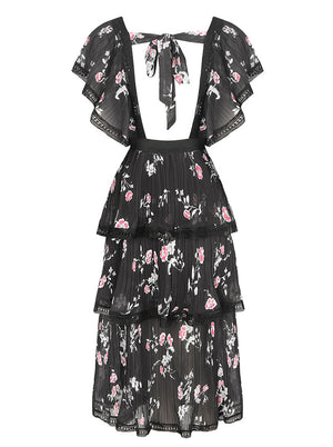 Women's Vintage Square Neckline Floral Print Chiffon High Waist Layered Dress