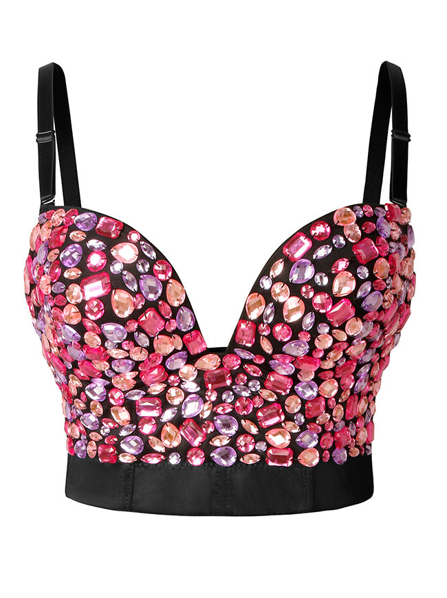 Women Sexy Sweets Studded Gem Spaghetti Straps Bustier Bra Clubwear Crop Top