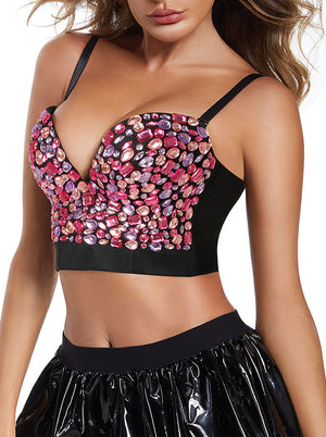 Women Sexy Sweets Studded Gem Spaghetti Straps Bustier Bra Clubwear Crop Top