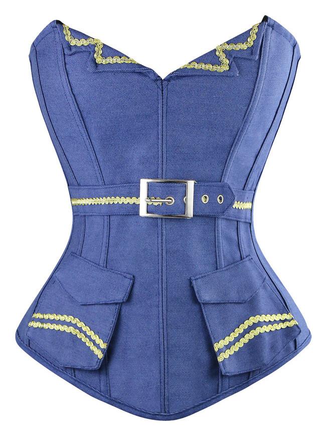 Fashion Retro Navy Blue Buckle Style Denim Strapless Overbust Corset with Pockets